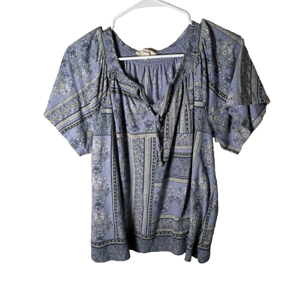 Lucky Brand Blouse Women's Large V-Neck Short Sleeve Casual Shirt Top Boho
